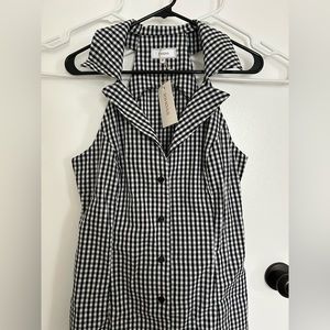 Black and white gingham plaid collared racerback cotton dress.